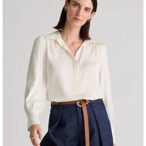 Quince Washable Stretch Silk Split Neck Blouse Ivory NWT Size XL